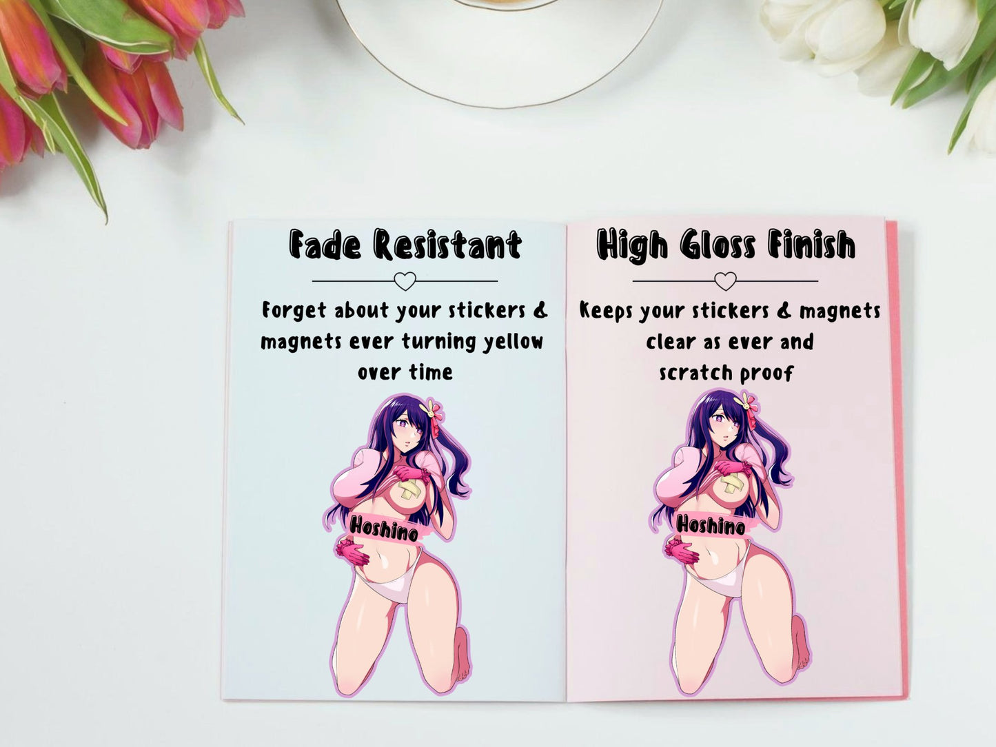 Hoshino no ko anime stickers that are fade and uv resistant.