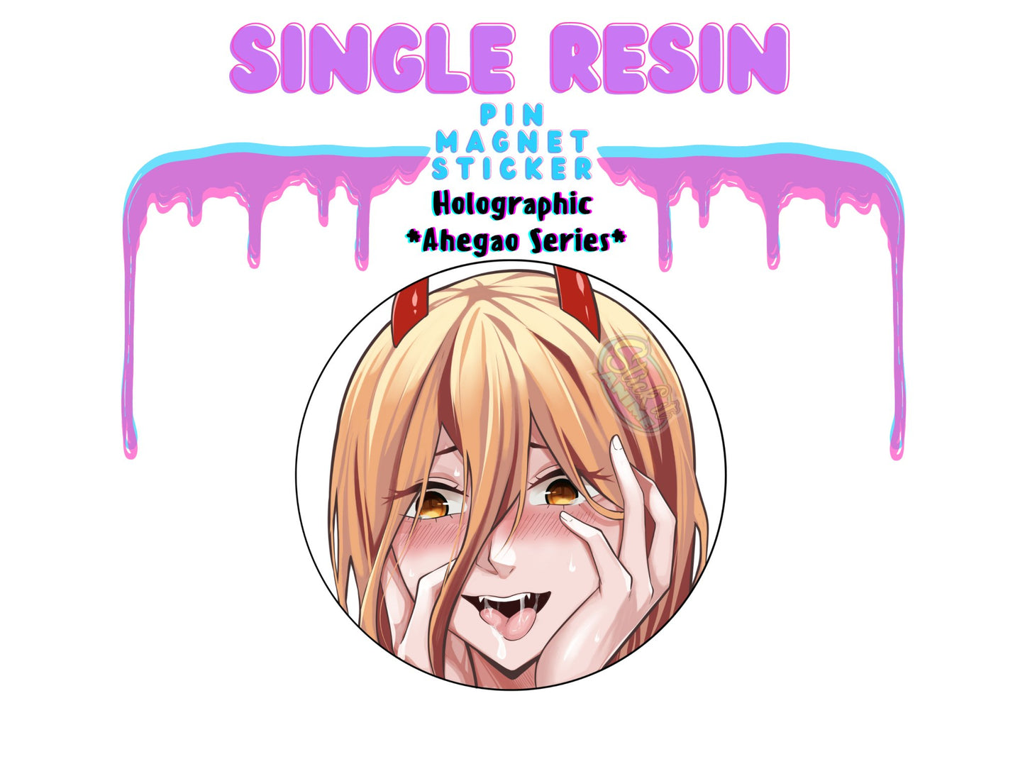 New ahegao waifu pins, stickers and magnets of Power from Chainsaw Man anime.