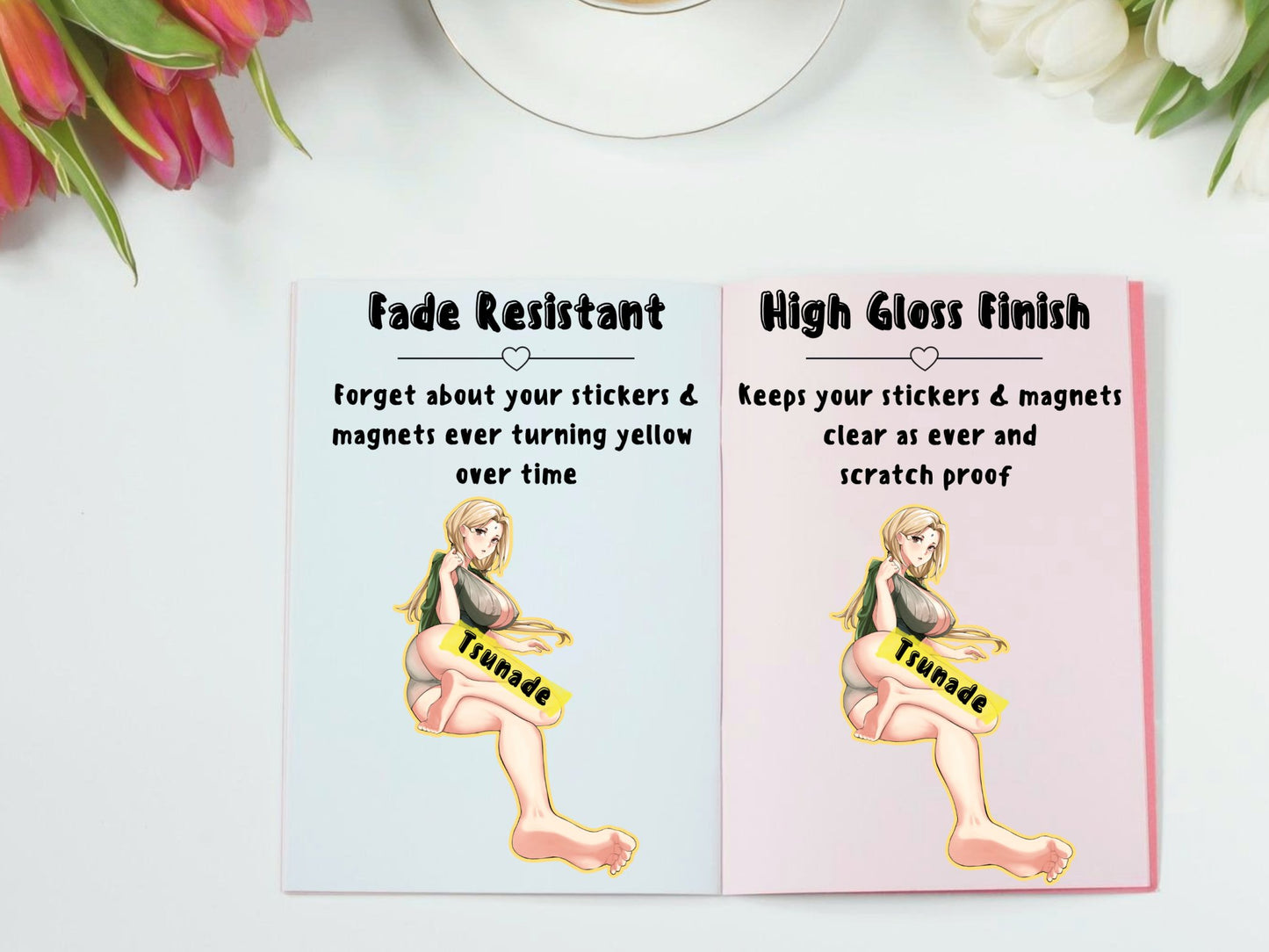 Tsunade nsfw anime stickers and magnets that are fade and uv resistant.