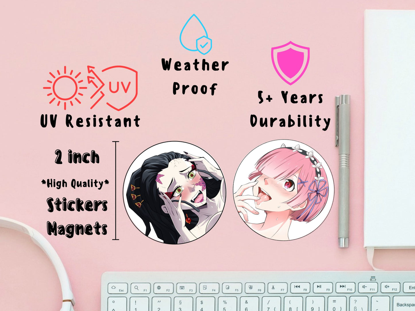 Holographic waifu pins, stickers and magnets of lewd Daki from Demon Slayer rule 34.