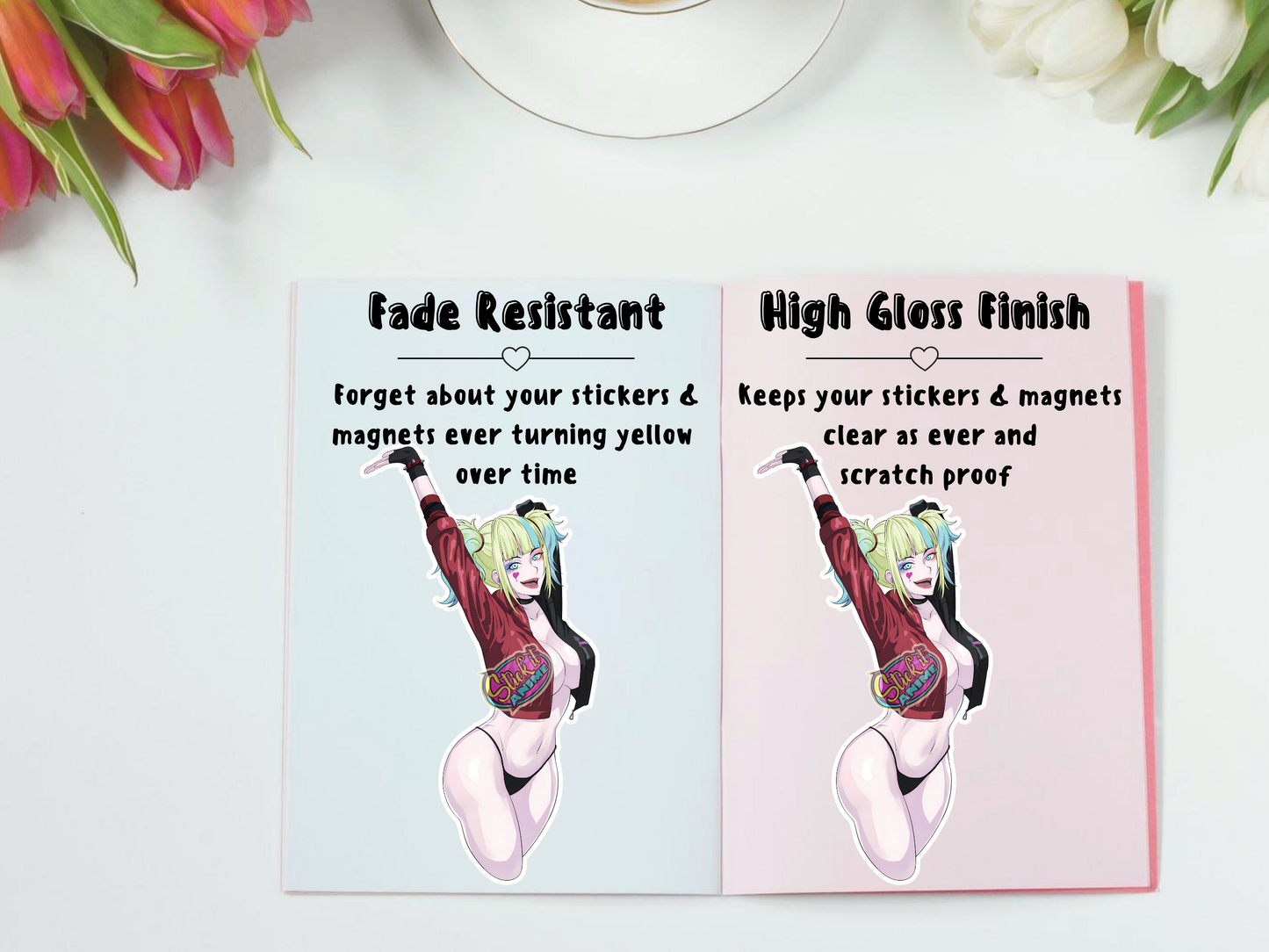 High gloss and fade resistant Harley Quinn rule 34 cartoon anime manga ecchi lewd stickers.