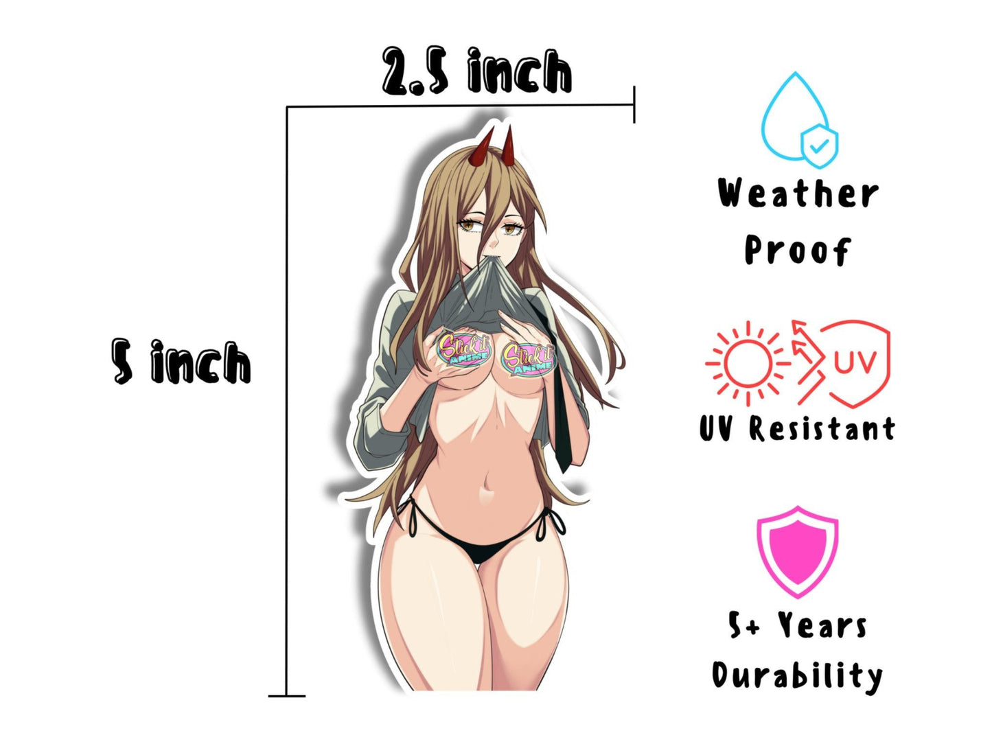 Power from Chainsaw Man NSFW lewd anime sticker and magnet dimensions.