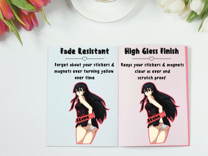 Akame nsfw anime stickers that are fade and uv resistant.