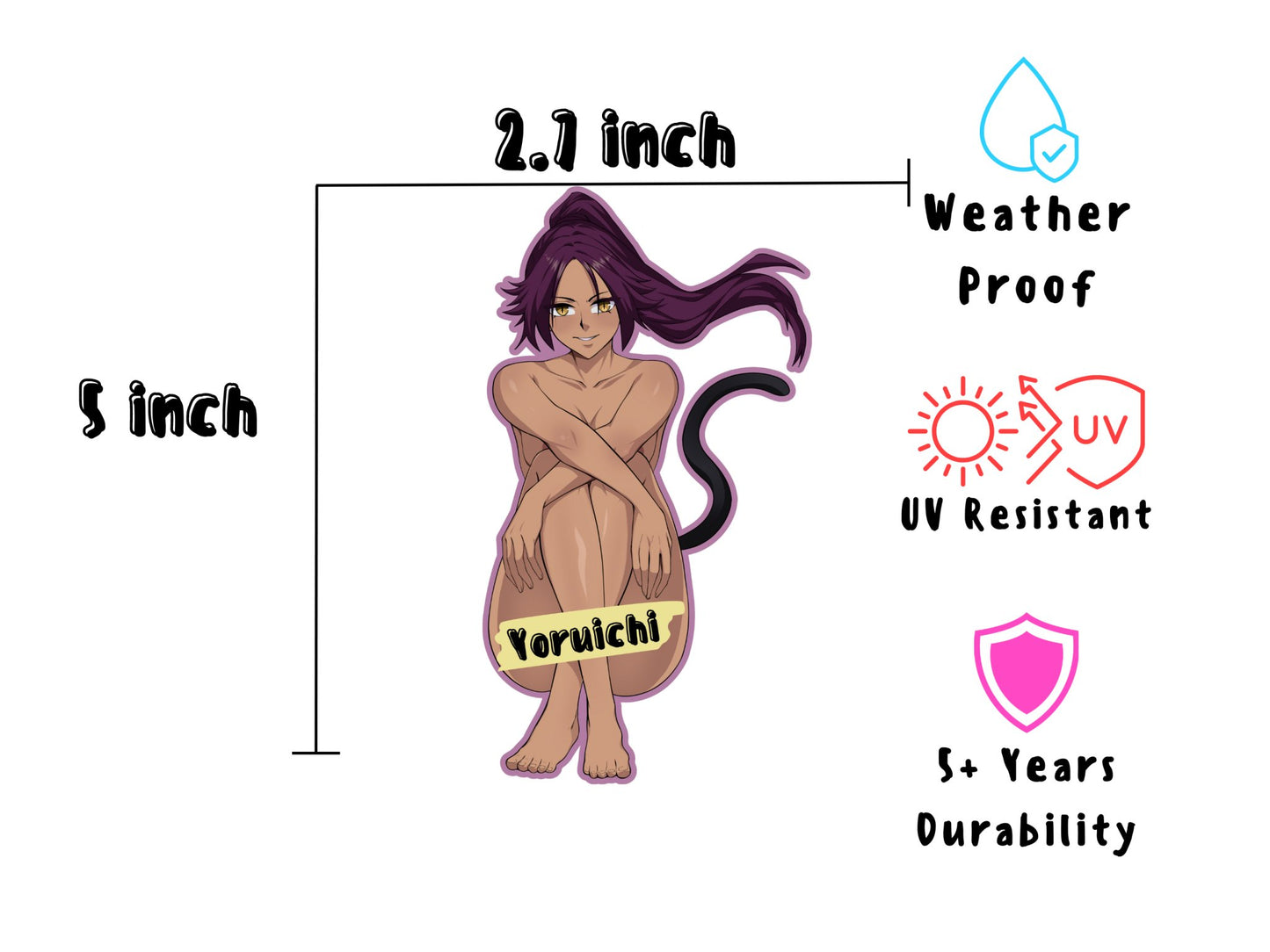 Sexy waifu Yoruichi from Bleach anime sticker and magnet dimensions.