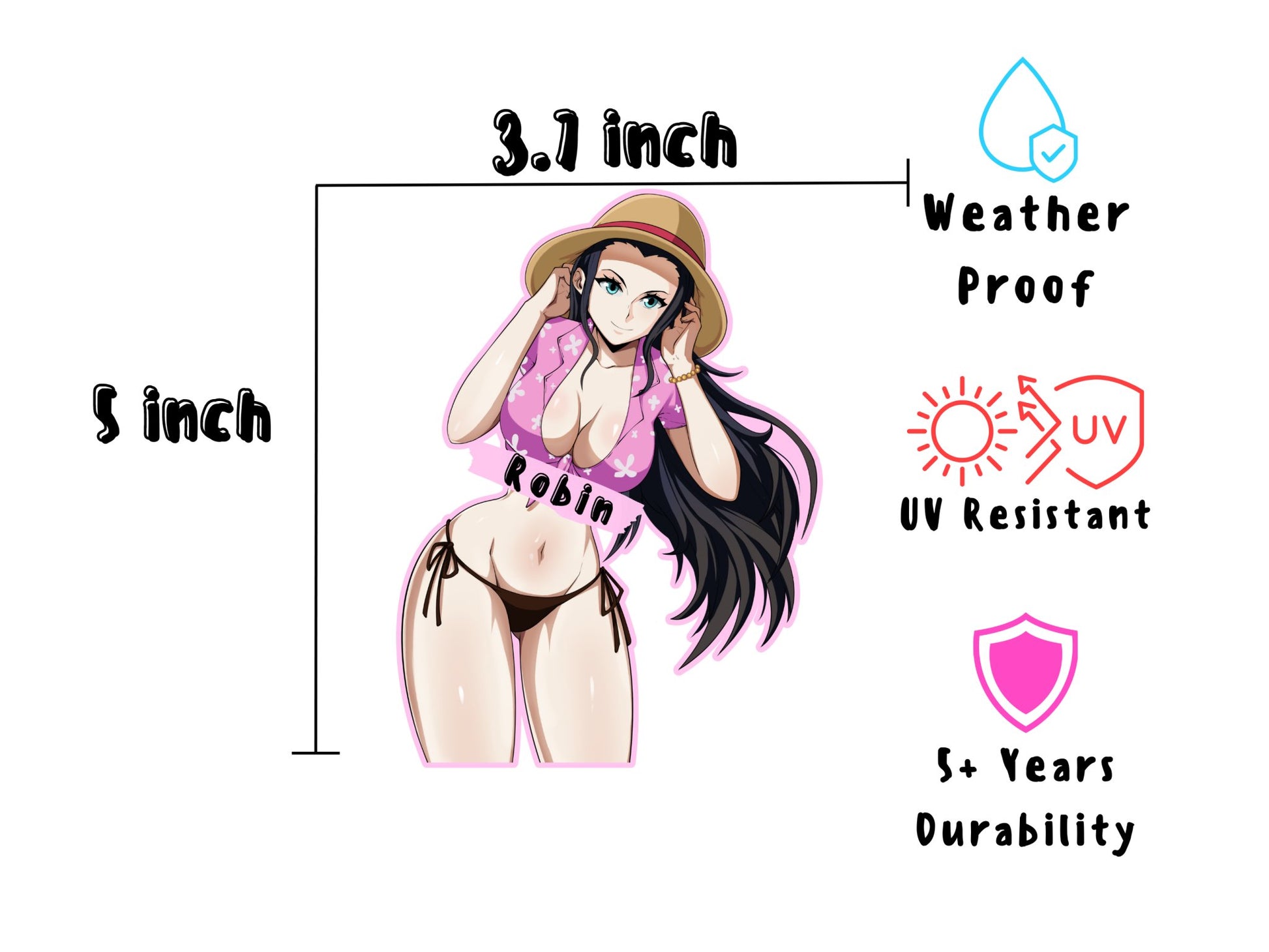 Sexy waifu Nico Robin pirate sticker and magnet dimensions.