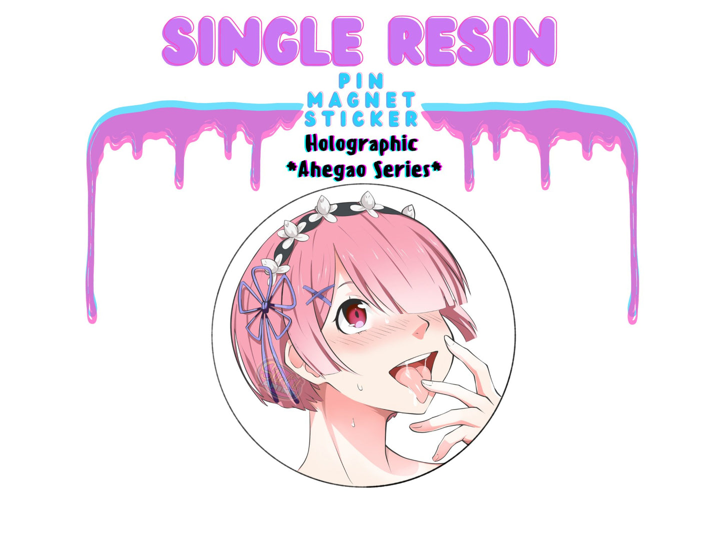 New ahegao waifu pins, stickers and magnets of Ram from Re Zero anime.