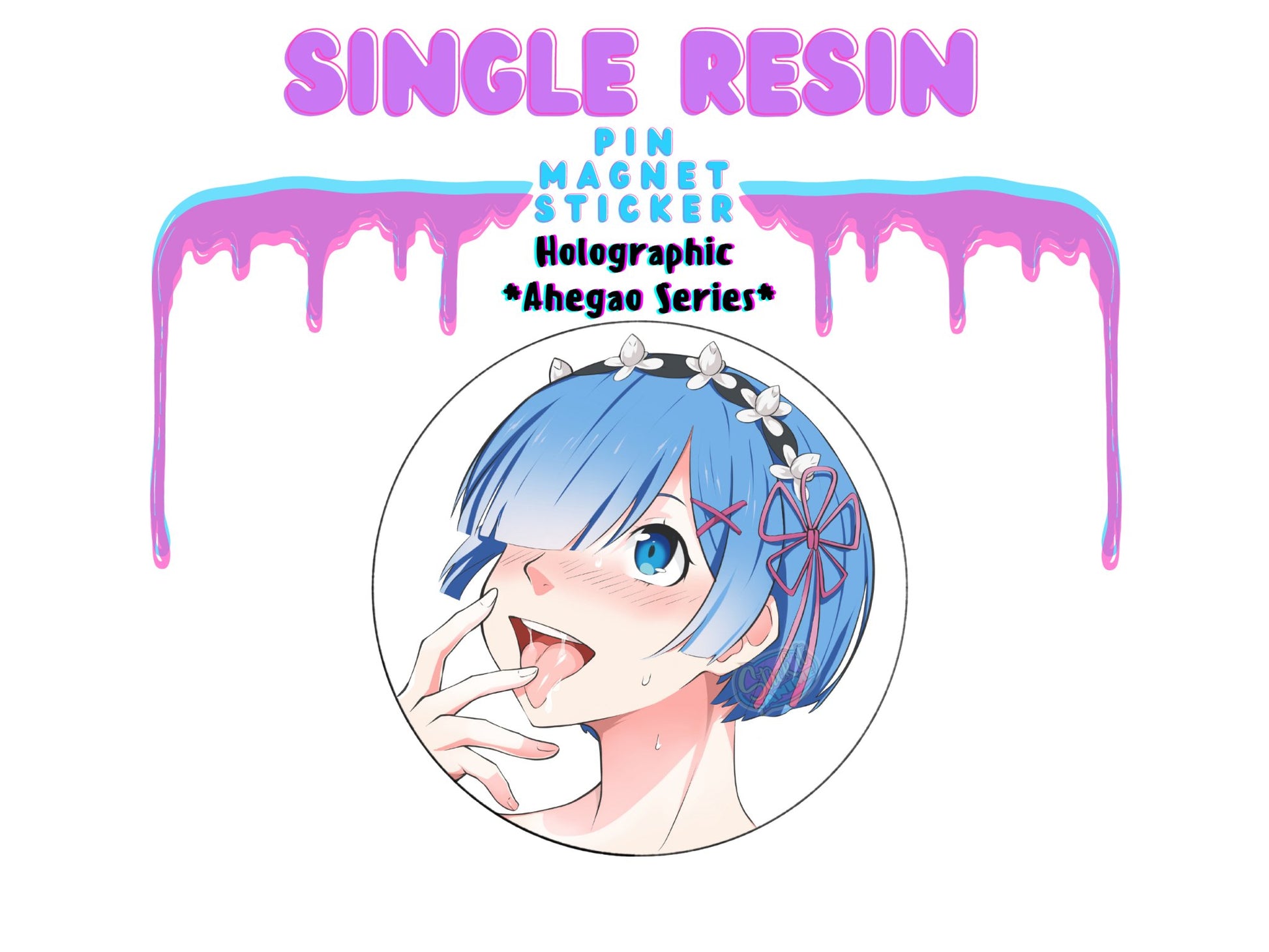 New ahegao waifu pins, stickers and magnets of Rem from Re Zero anime.