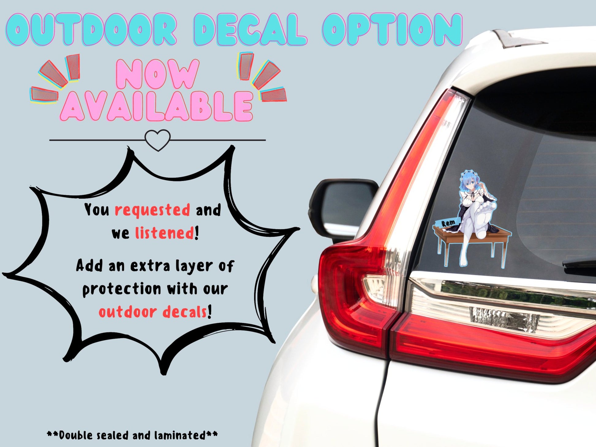 Kawaii Rem twin anime decals option now available.