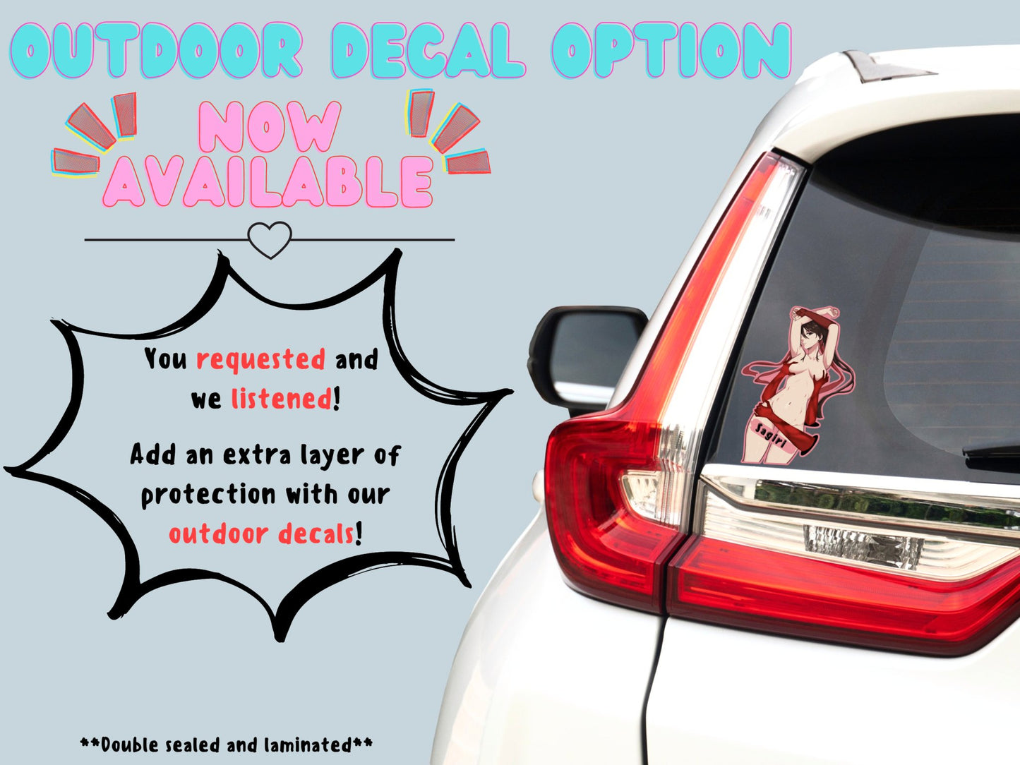 Outdoor anime car stickers of Sagiri from Hell's Paradise option now available at Stick it Anime.