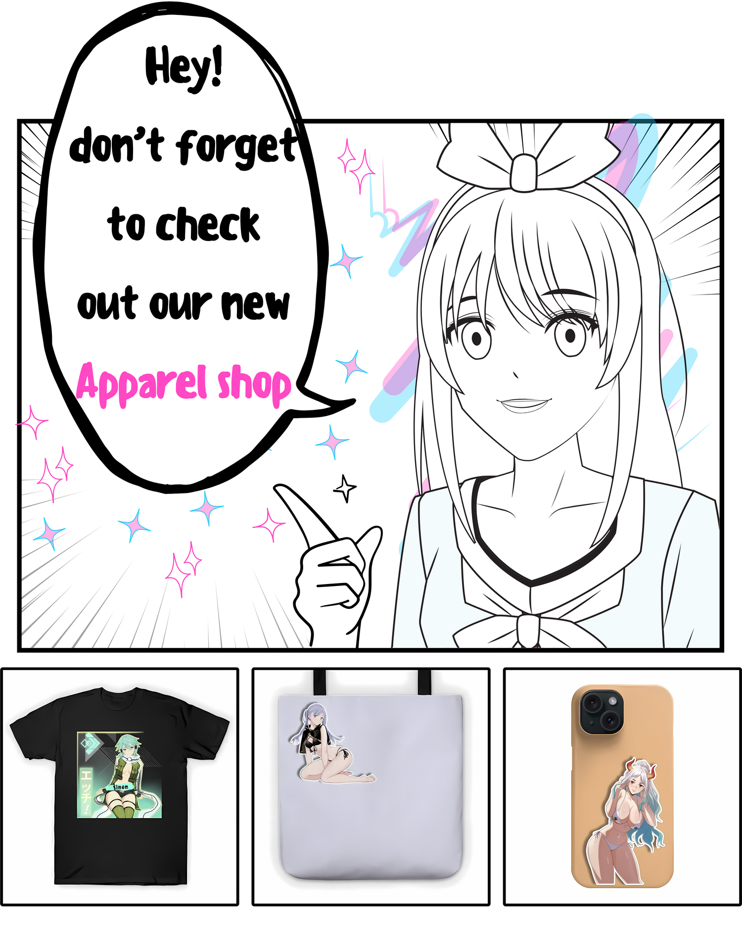 cute anime girl in manga panel announcing our new nsfw anime apparel shop on teepublic.