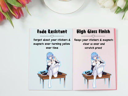 Cute Re Zero UV resistant stickers of Rem the twin maid with blue hair.