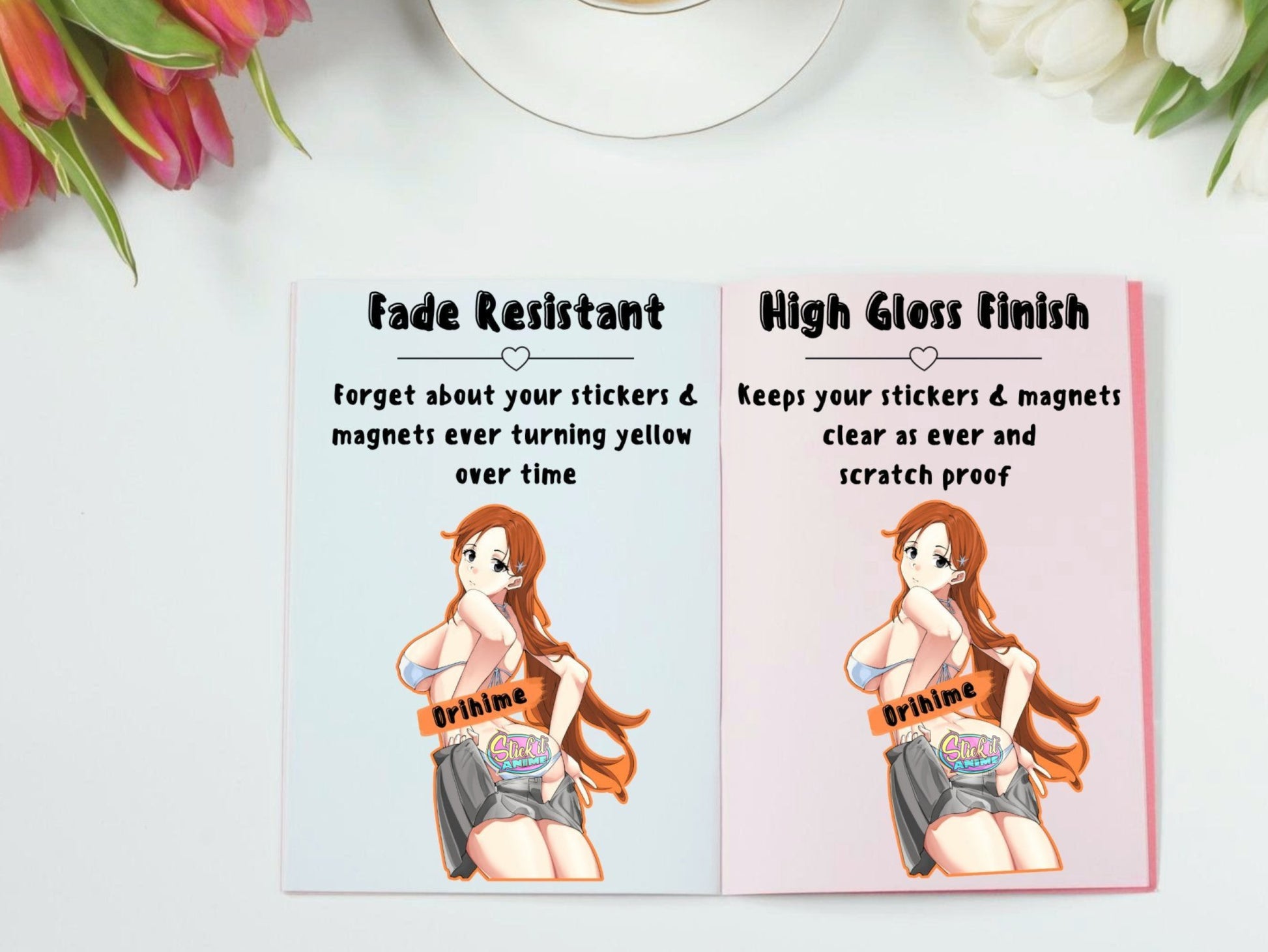 Orihime fullbringer anime stickers that are fade and uv resistant.