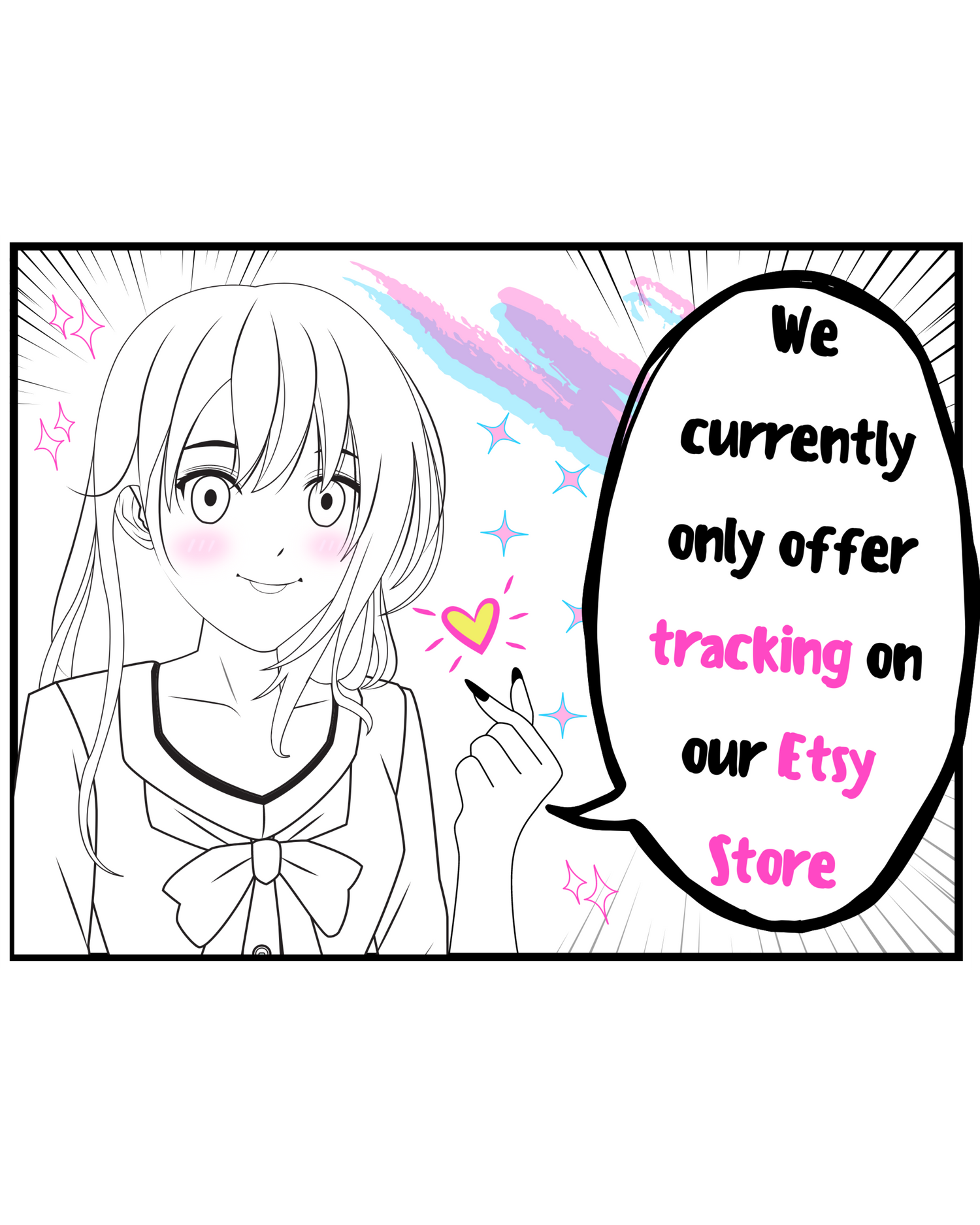 cute anime girl in manga panel informing where to track waifu orders.