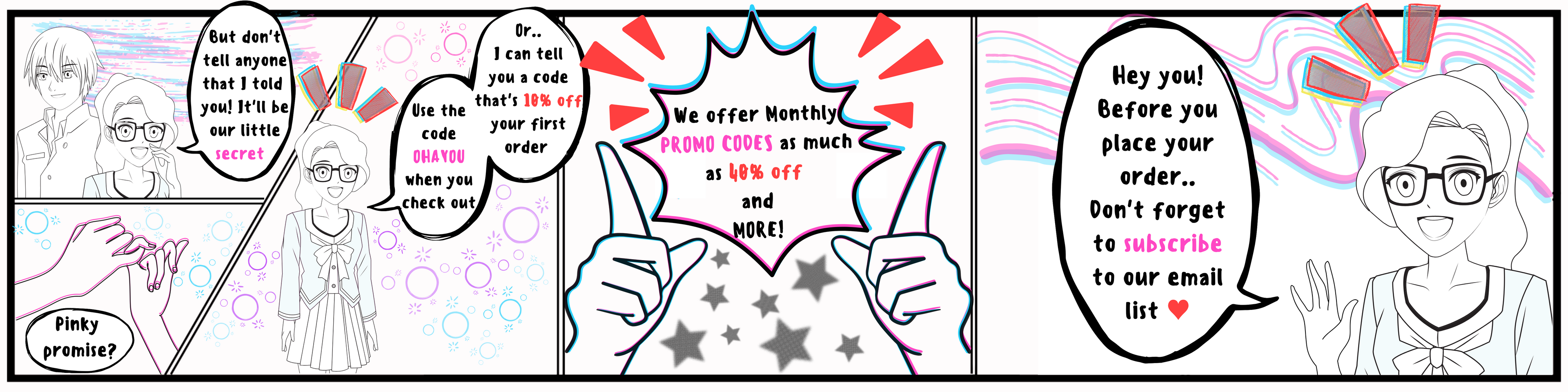 Colorful manga style banner explaining that customers can use a coupon code to save money on their first order.