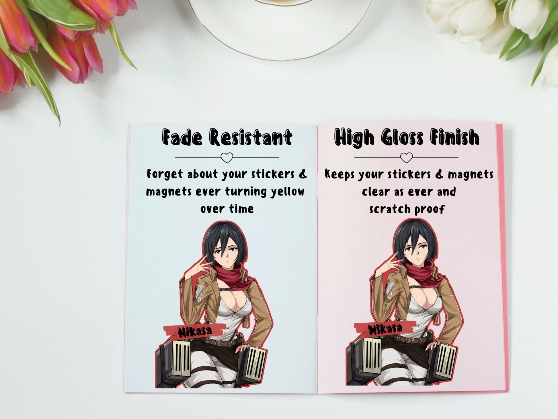 Mikasa from AOT anime stickers that are fade and uv resistant.