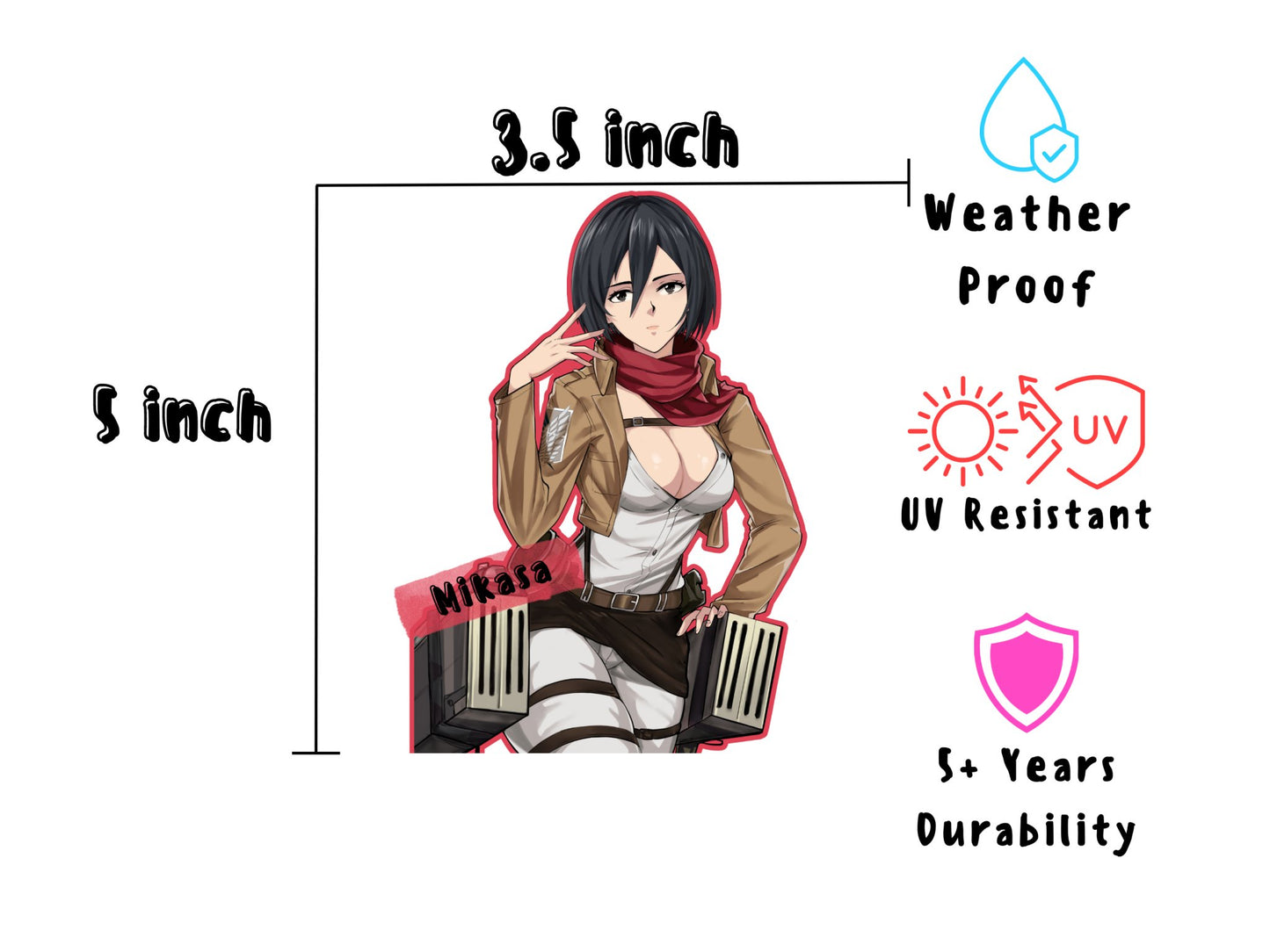 Sexy waifu Mikasa from Attack on Titan anime sticker and magnet dimensions.