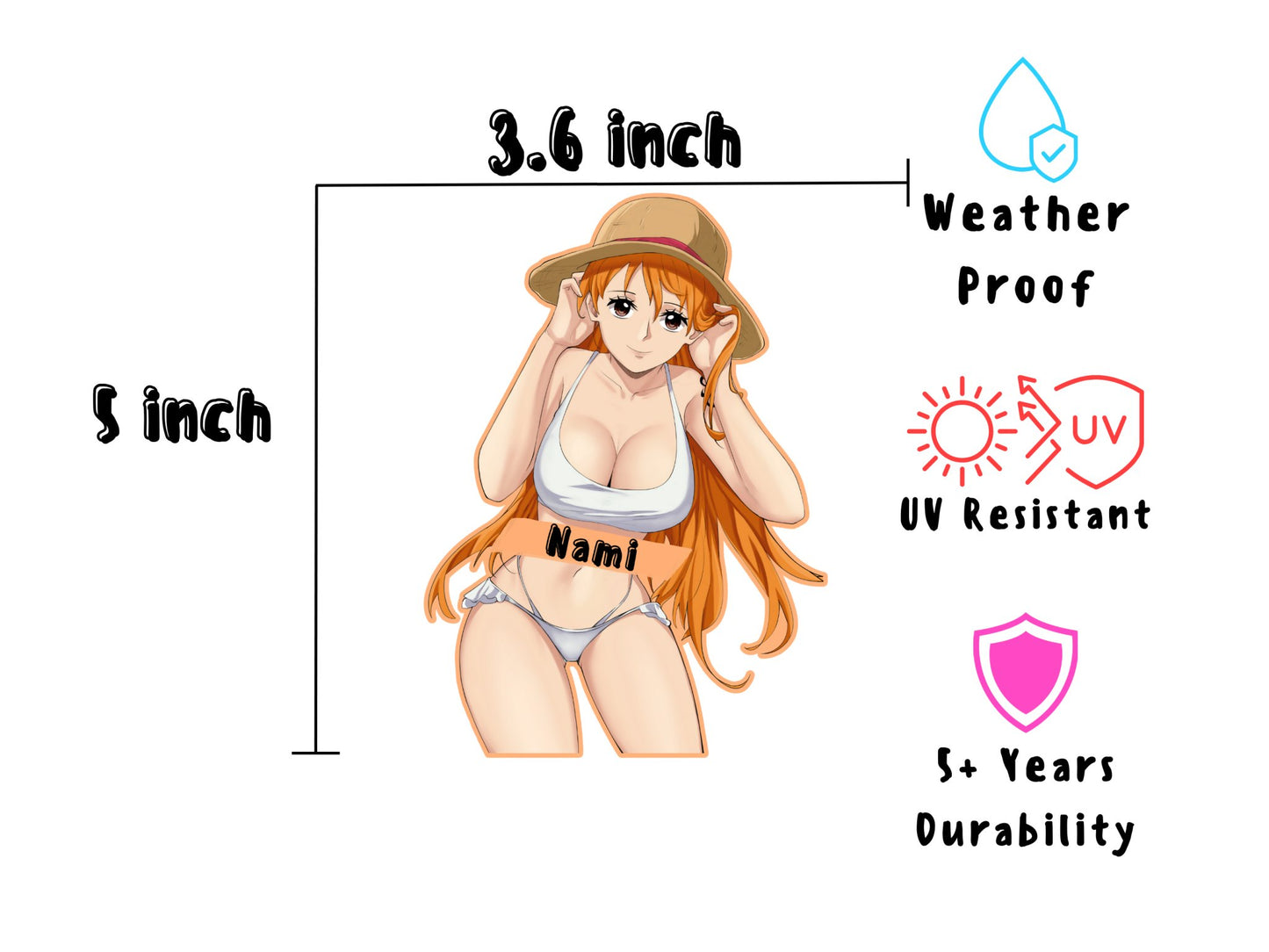 Sexy waifu Nami from One Piece anime sticker and magnet dimensions.