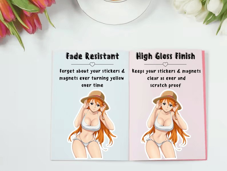 Softcore anime ecchi Nami from One Piece ahegao ecchi manga stickers that are fade resistant.