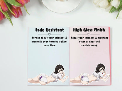 Hardcore anime rukia rule 34 from Bleach anime nsfw ahegao loli up skirt die cut stickers.