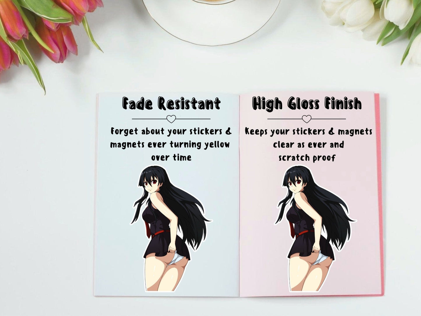 High gloss and fade resistant Akame rule 34 cartoon anime manga ecchi lewd stickers.