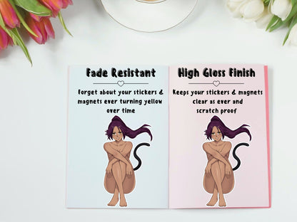 yoruichi lewd bleach anime stickers that are fade and uv resistant.