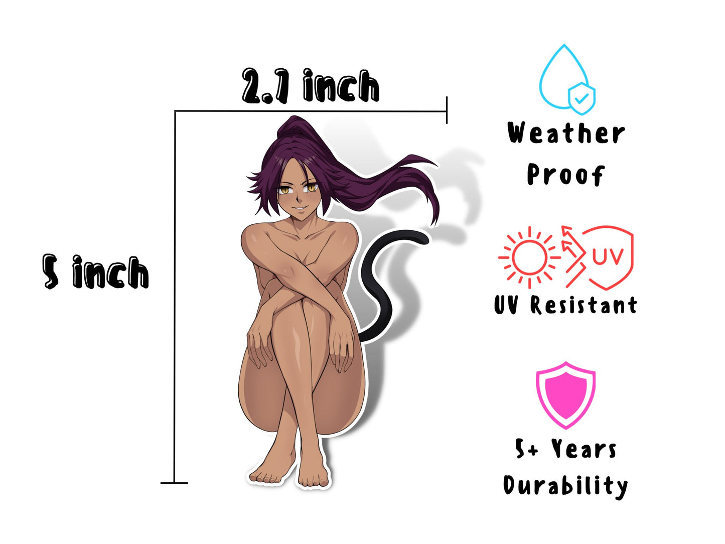 NSFW Bleach yoruichi anime waifu sticker dimensions inspired by lewd rule 34.